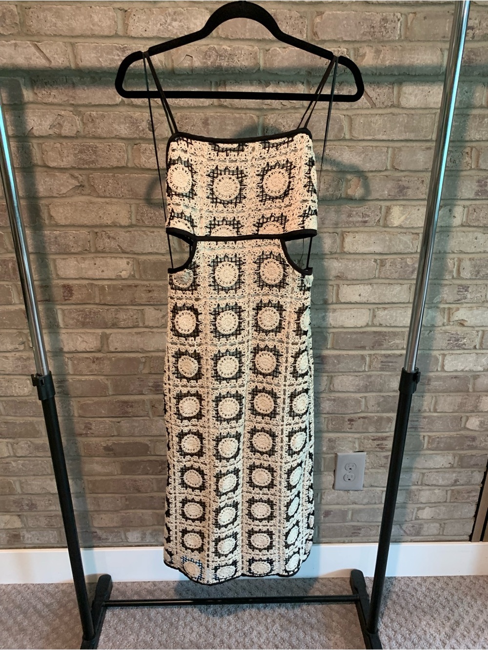 Black and Cream Crochet Maxi Dress with Cutout and Tie Back Detail